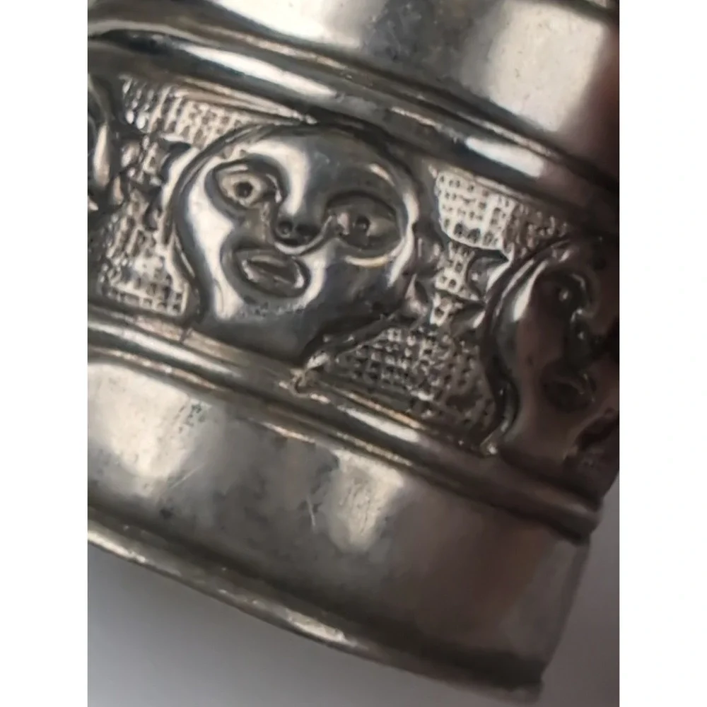 Vintage Boho Wide Cuff Bracelet Embossed  Silver Tone Ornate Carved Faces 2X2.5